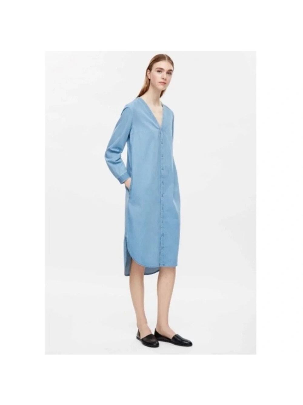 COS Blue Chambray Cotton Long Sleeve Button Down Shirt Minimalist Midi Dress 4